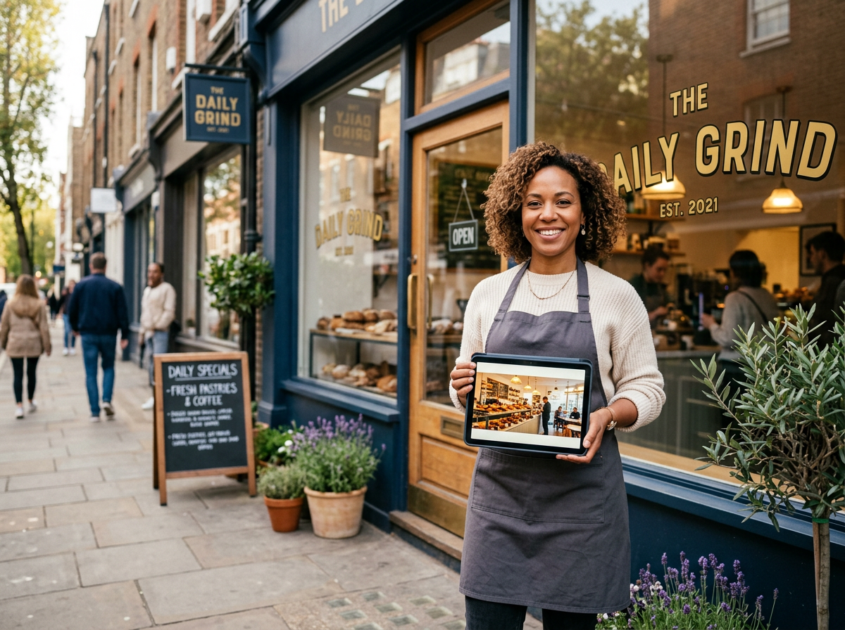 A local business owner reviewing enhanced storefront photos